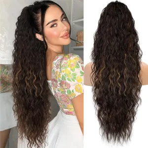KooKaStyle Ponytail Extension 30 Inch Drawstring Pony Tails Hair Extensions for Women Long Curly Ponytail Synthetic Hairpieces for Daily Use（Brown with Blonde Highlights）