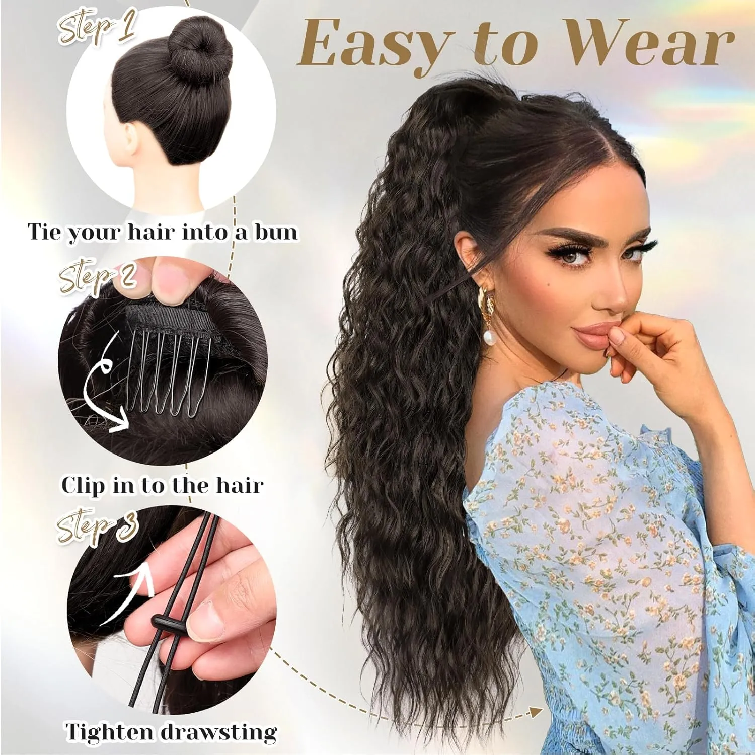 KooKaStyle Ponytail Extension 30 Inch Drawstring Pony Tails Hair Extensions for Women Long Curly Ponytail Synthetic Hairpieces for Daily Use（Brown with Blonde Highlights）