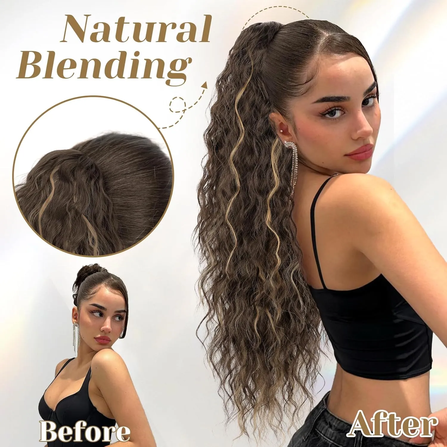 KooKaStyle Ponytail Extension 30 Inch Drawstring Pony Tails Hair Extensions for Women Long Curly Ponytail Synthetic Hairpieces for Daily Use（Chocolate Brown with Caramel Blonde）