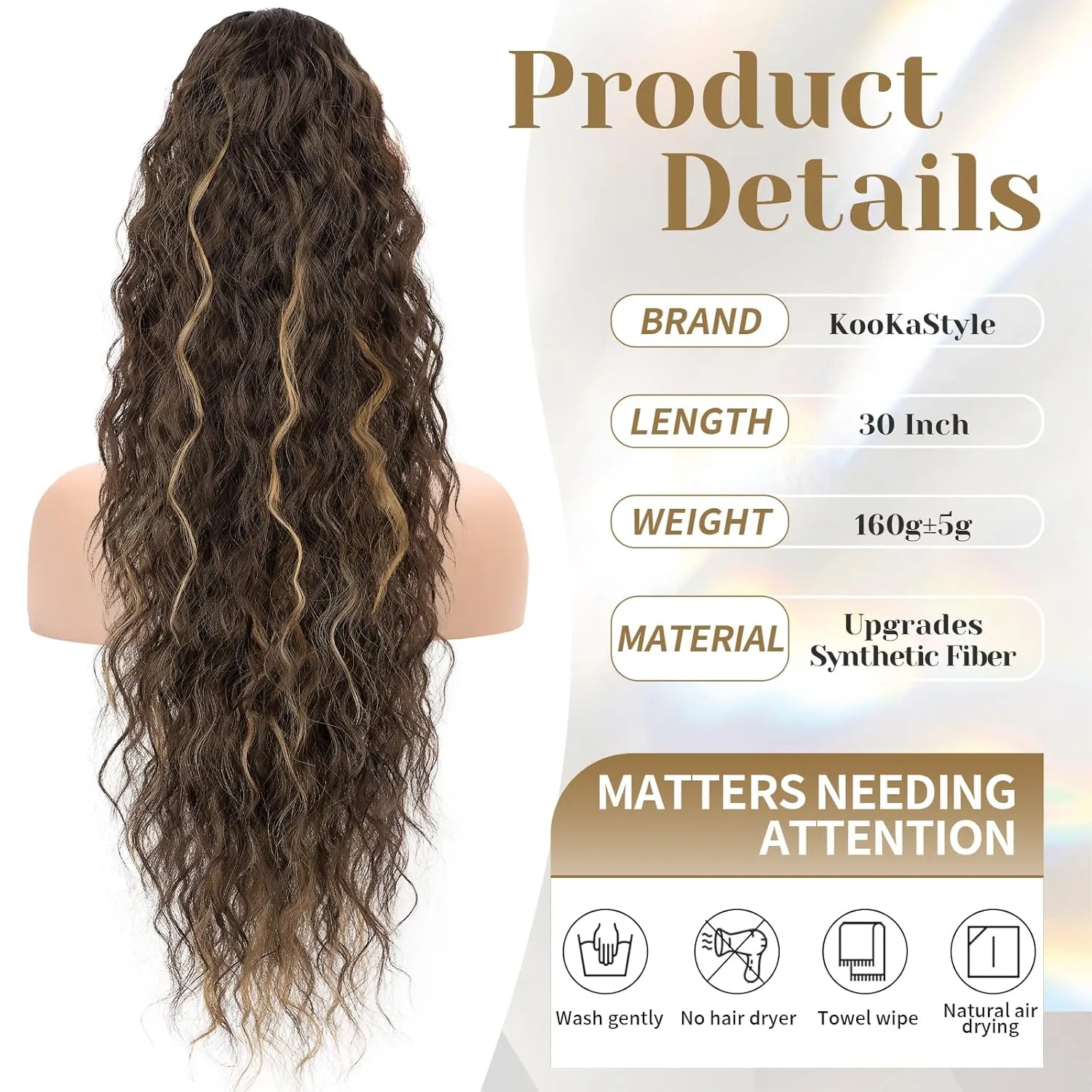 KooKaStyle Ponytail Extension 30 Inch Drawstring Pony Tails Hair Extensions for Women Long Curly Ponytail Synthetic Hairpieces for Daily Use（Chocolate Brown with Caramel Blonde）