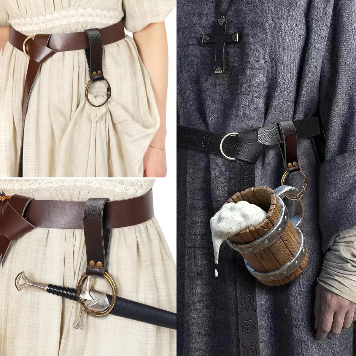 KOTORA Renaissance Costume Belt Pouch Bracers Vial Potion Bottle Leather Keyring Hook LARP Cosplay Retro Ren Faire Festival Dress (Classic-Brown)