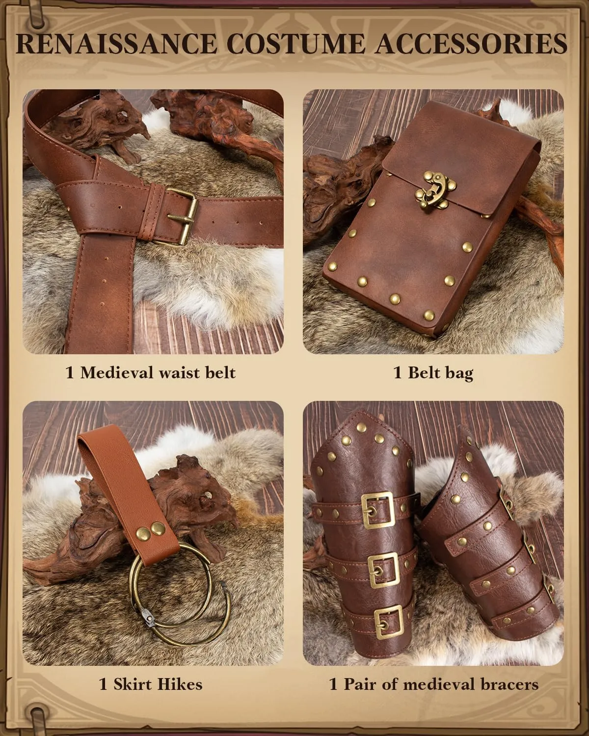 KOTORA Renaissance Costume Belt Pouch Bracers Vial Potion Bottle Leather Keyring Hook LARP Cosplay Retro Ren Faire Festival Dress (Classic-Brown)