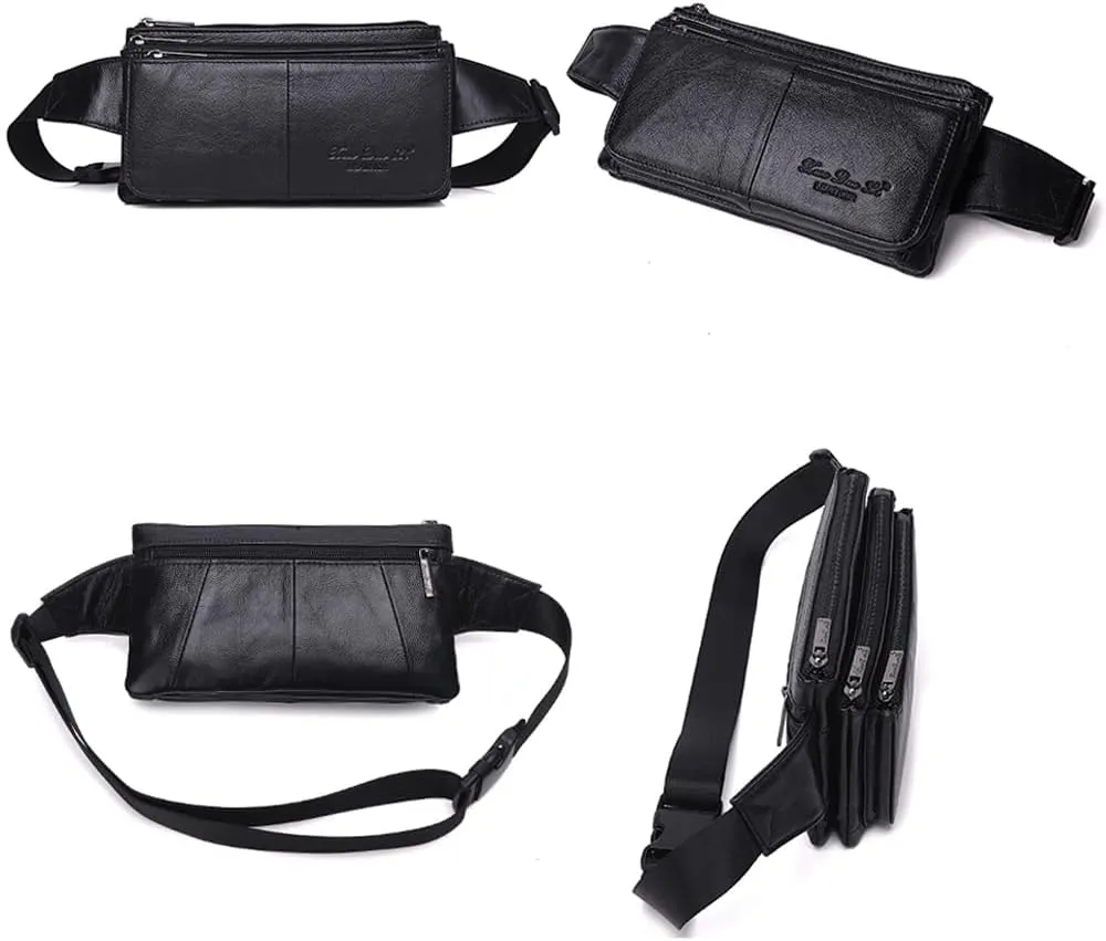 KPYWZER Vintage Leather Fanny Pack Waist Bag for Men Women Outdoor Travel Hunting Hiking Camping Hip Bum Belt Cell Phone Purse Wallet Pouch Retro Crossbody Sling Pouch Black