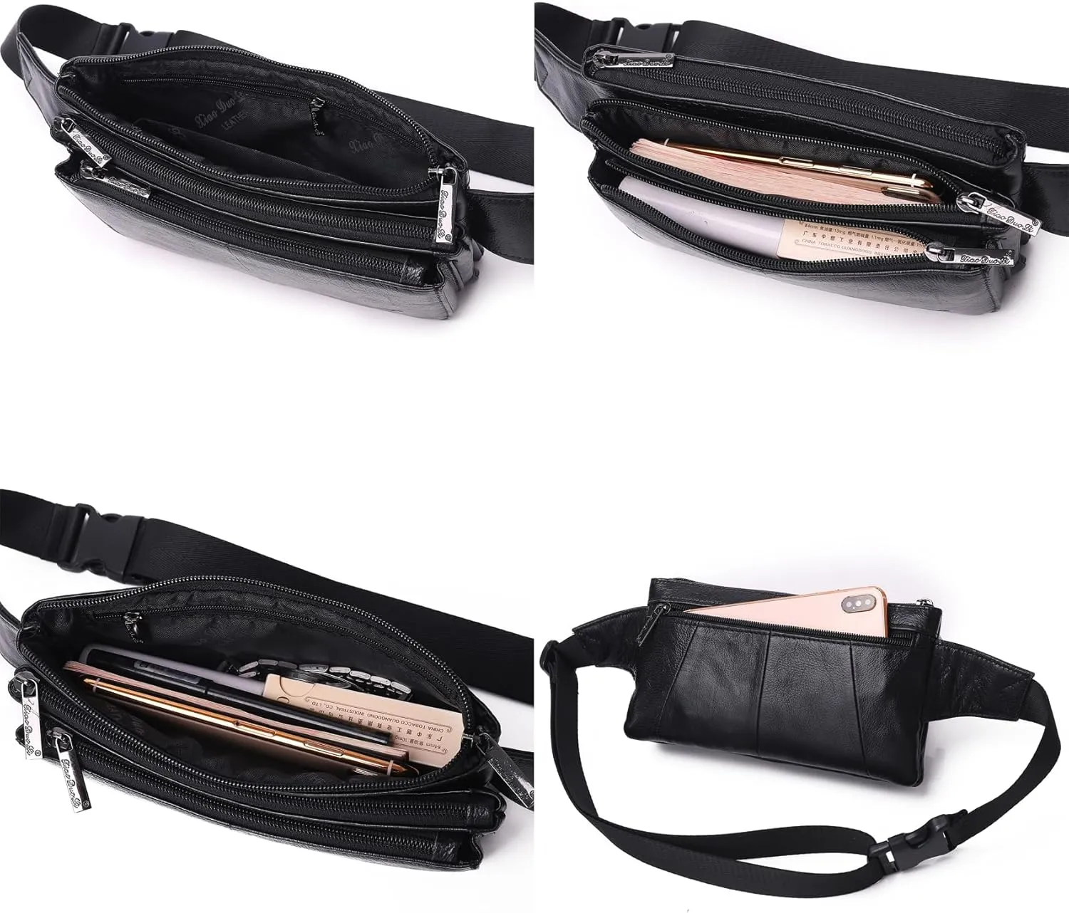 KPYWZER Vintage Leather Fanny Pack Waist Bag for Men Women Outdoor Travel Hunting Hiking Camping Hip Bum Belt Cell Phone Purse Wallet Pouch Retro Crossbody Sling Pouch Black