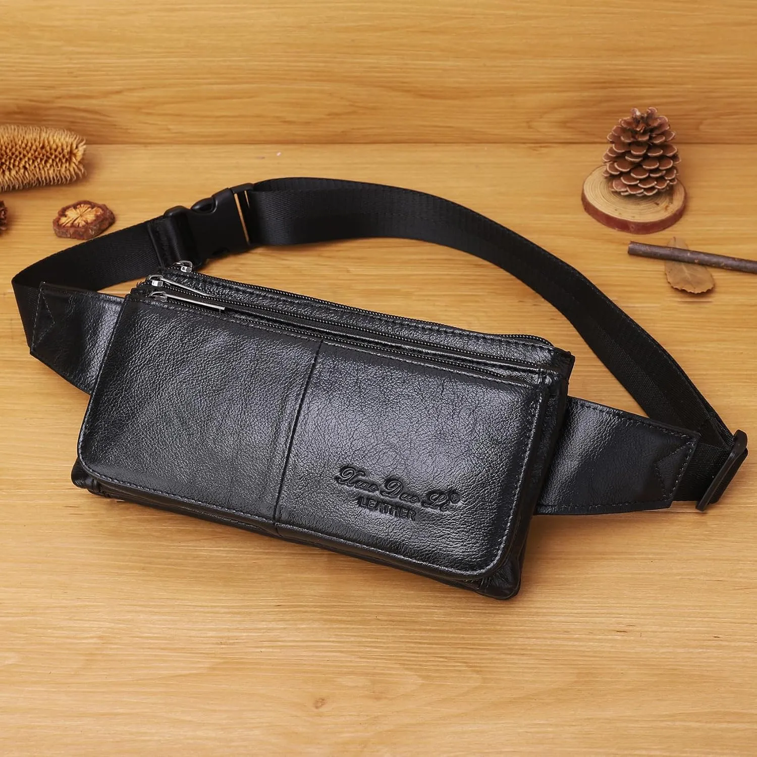 KPYWZER Vintage Leather Fanny Pack Waist Bag for Men Women Outdoor Travel Hunting Hiking Camping Hip Bum Belt Cell Phone Purse Wallet Pouch Retro Crossbody Sling Pouch Black