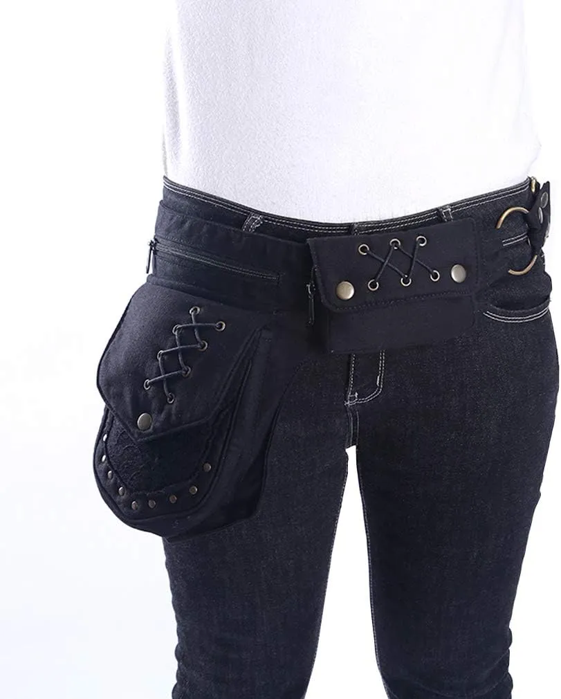 KPYWZER Waist Bag for Women Fanny Pack Renaissance Faire Festival Lace Chest Pack Hip Bum Bag with Adjustable Belt Travel Outdoors Black
