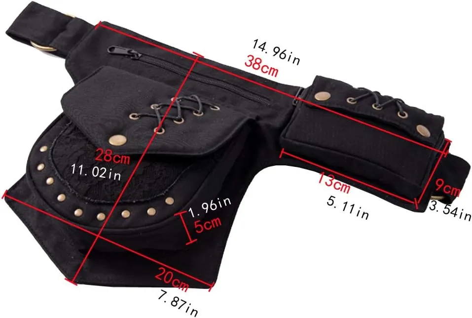 KPYWZER Waist Bag for Women Fanny Pack Renaissance Faire Festival Lace Chest Pack Hip Bum Bag with Adjustable Belt Travel Outdoors Black