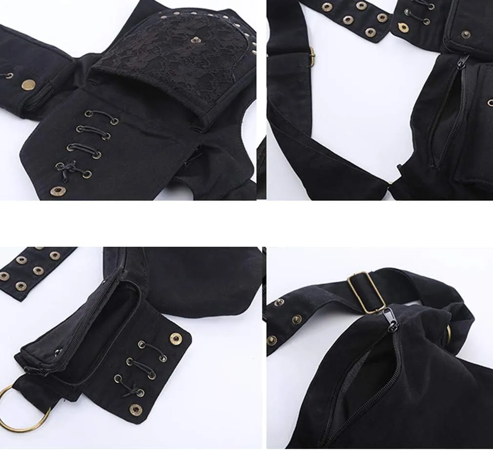 KPYWZER Waist Bag for Women Fanny Pack Renaissance Faire Festival Lace Chest Pack Hip Bum Bag with Adjustable Belt Travel Outdoors Black