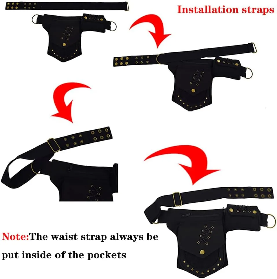 KPYWZER Waist Bag for Women Fanny Pack Renaissance Faire Festival Lace Chest Pack Hip Bum Bag with Adjustable Belt Travel Outdoors Black