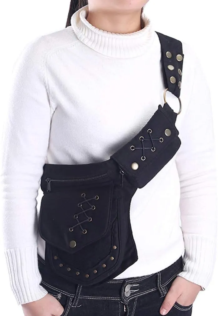 KPYWZER Waist Bag for Women Fanny Pack Renaissance Faire Festival Lace Chest Pack Hip Bum Bag with Adjustable Belt Travel Outdoors Black