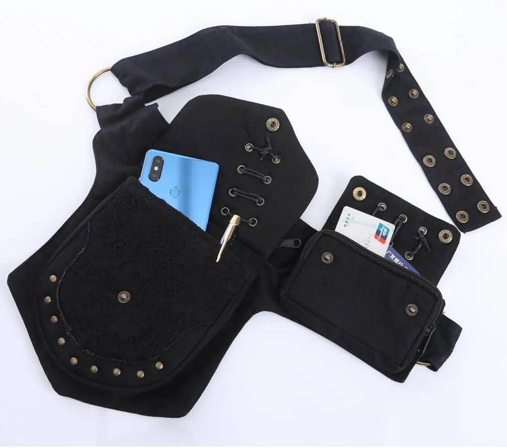 KPYWZER Waist Bag for Women Fanny Pack Renaissance Faire Festival Lace Chest Pack Hip Bum Bag with Adjustable Belt Travel Outdoors Black