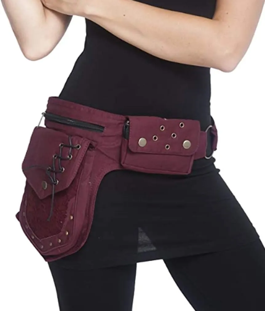 KPYWZER Waist Bag for Women Fanny Pack Renaissance Faire Festival Lace Chest Pack Hip Bum Bag with Adjustable Belt Travel Outdoors Maroon