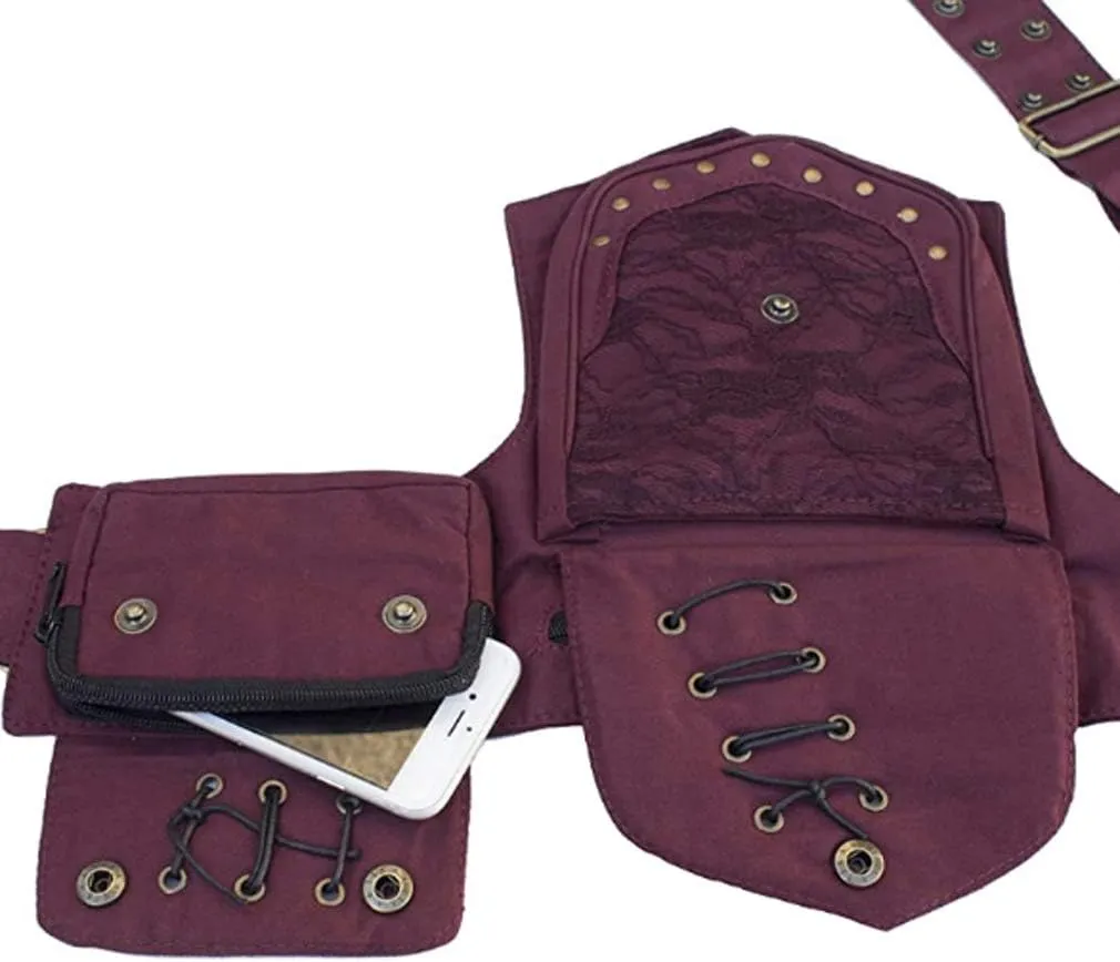 KPYWZER Waist Bag for Women Fanny Pack Renaissance Faire Festival Lace Chest Pack Hip Bum Bag with Adjustable Belt Travel Outdoors Maroon