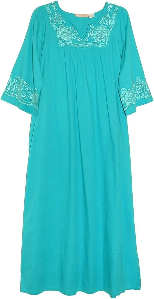LA CERA Women’s 100% Cotton Embroidered Maxi Caftan with Notched Neckline – Perfect for Beach, Lounge, or Sleepwear