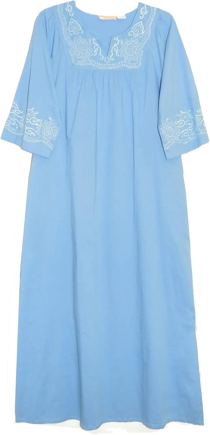 LA CERA Women’s 100% Cotton Embroidered Maxi Caftan with Notched Neckline – Perfect for Beach, Lounge, or Sleepwear