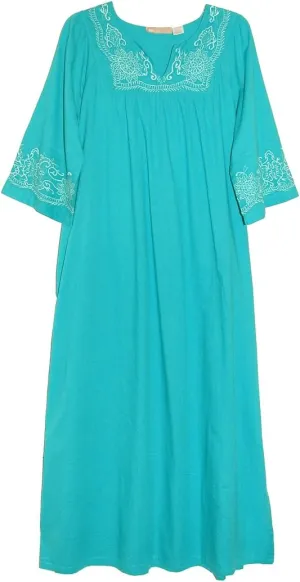 LA CERA Women’s 100% Cotton Embroidered Maxi Caftan with Notched Neckline – Perfect for Beach, Lounge, or Sleepwear