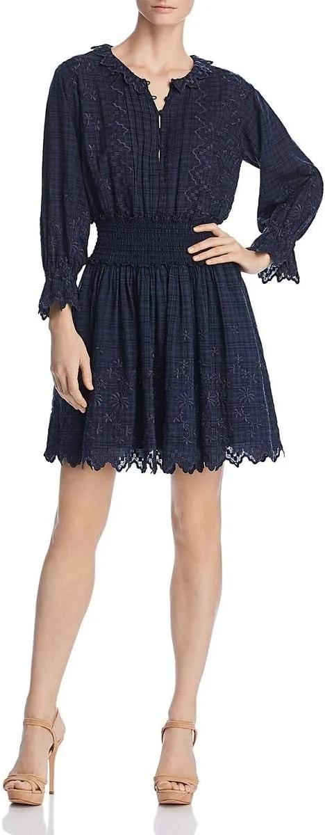 La Vie Rebecca Taylor Womens Embroidered Check Print Mini Dress Navy XS