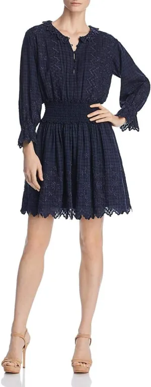 La Vie Rebecca Taylor Womens Embroidered Check Print Mini Dress Navy XS