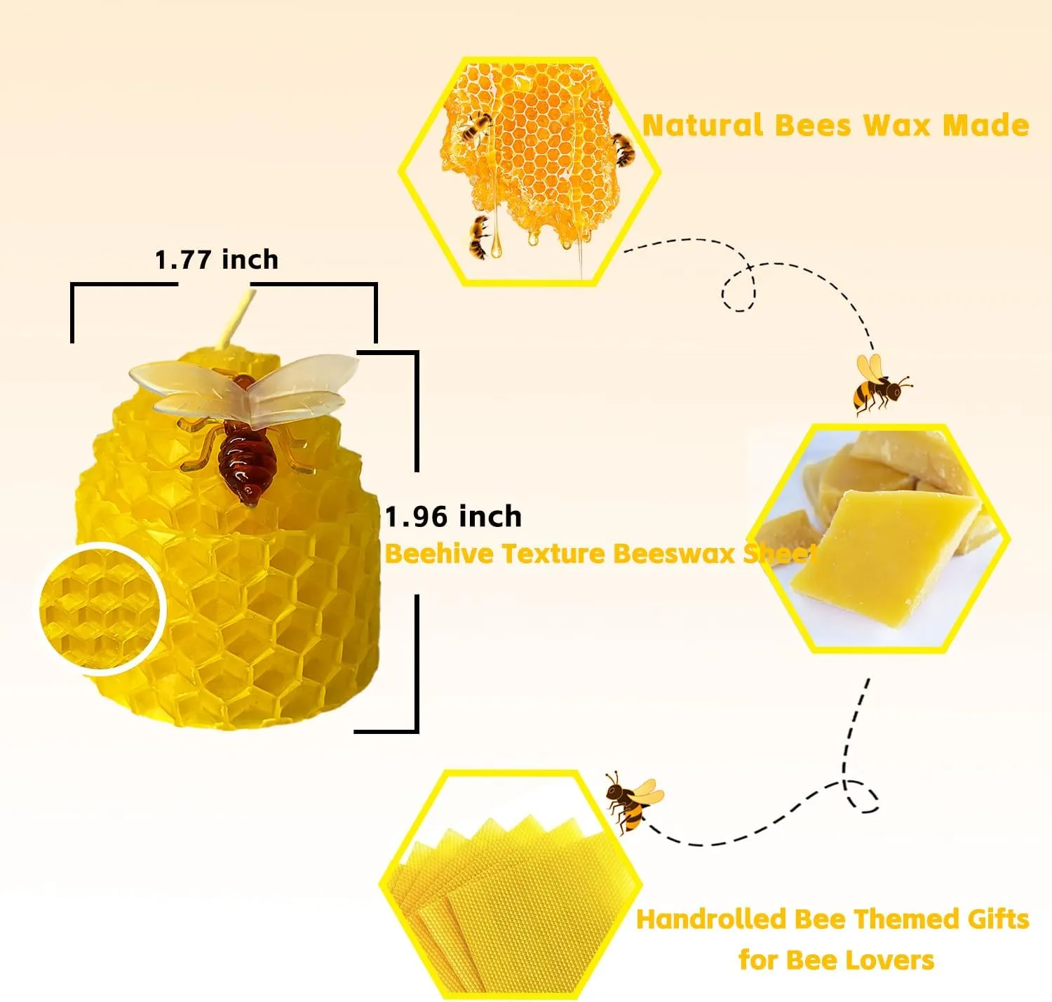 Lacaser Beeswax Candles Bulk Set of 12, Bee Candles with Little Bee Ornament Decors, Bee Themed Gift,Unscented&Smokeless &Dripless, Dia 1.77" x1.97" Each, Yellow