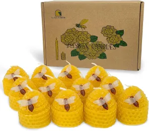 Lacaser Beeswax Candles Bulk Set of 12, Bee Candles with Little Bee Ornament Decors, Bee Themed Gift,Unscented&Smokeless &Dripless, Dia 1.77" x1.97" Each, Yellow