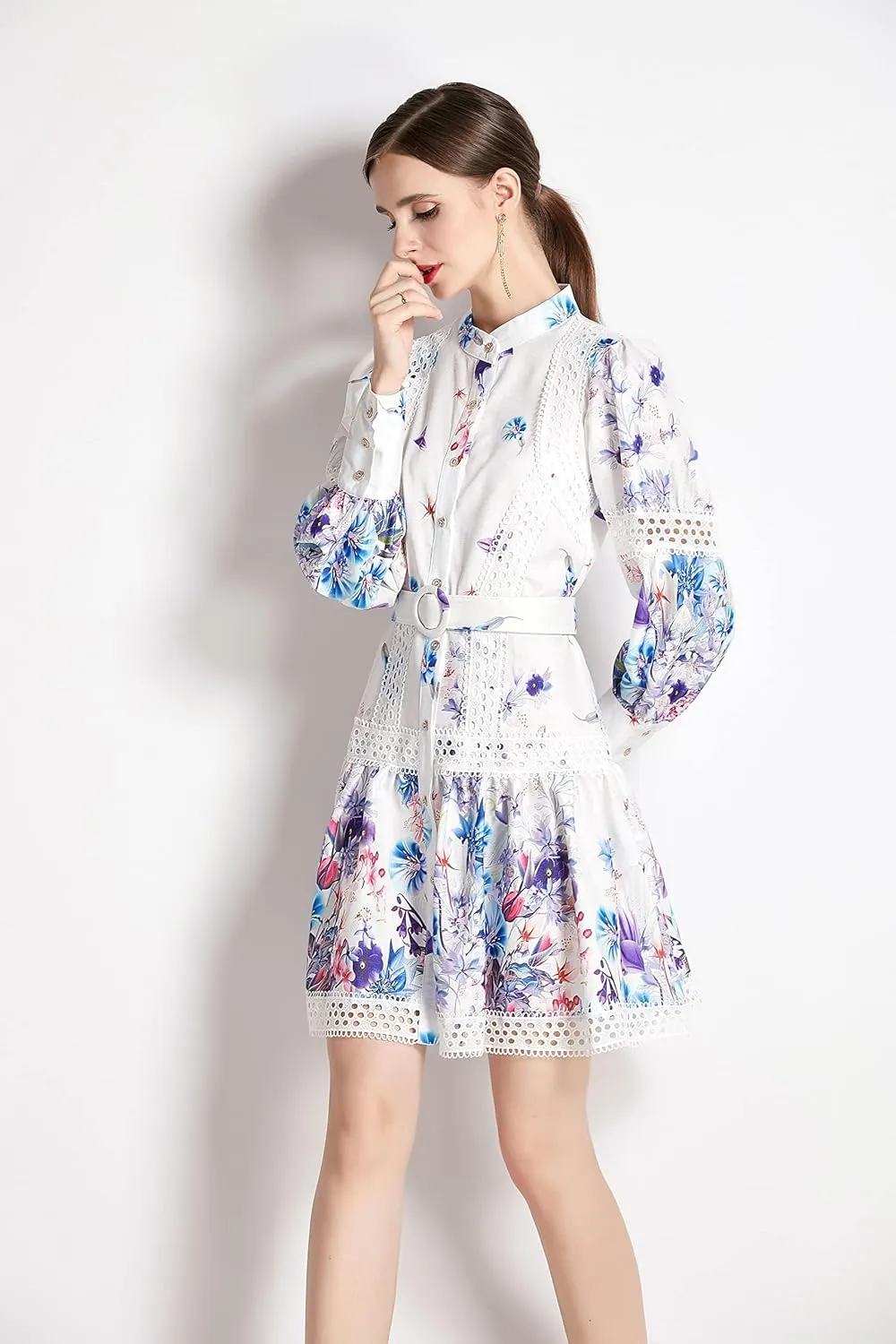 LAI MENG FIVE CATS Women's Hollow Out Floral Print Lantern Sleeve Button Up Casual Mini Dress