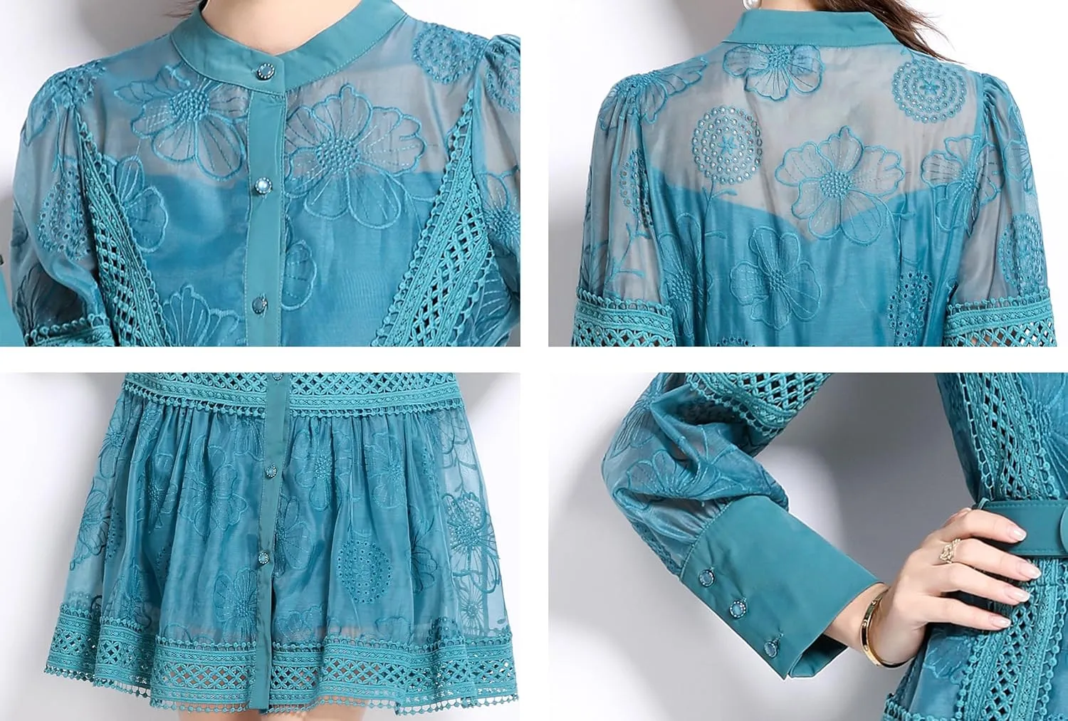 LAI MENG FIVE CATS Women's Hollow Out Floral Print Lantern Sleeve Button Up Casual Mini Dress