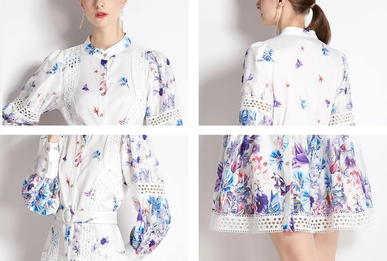 LAI MENG FIVE CATS Women's Hollow Out Floral Print Lantern Sleeve Button Up Casual Mini Dress