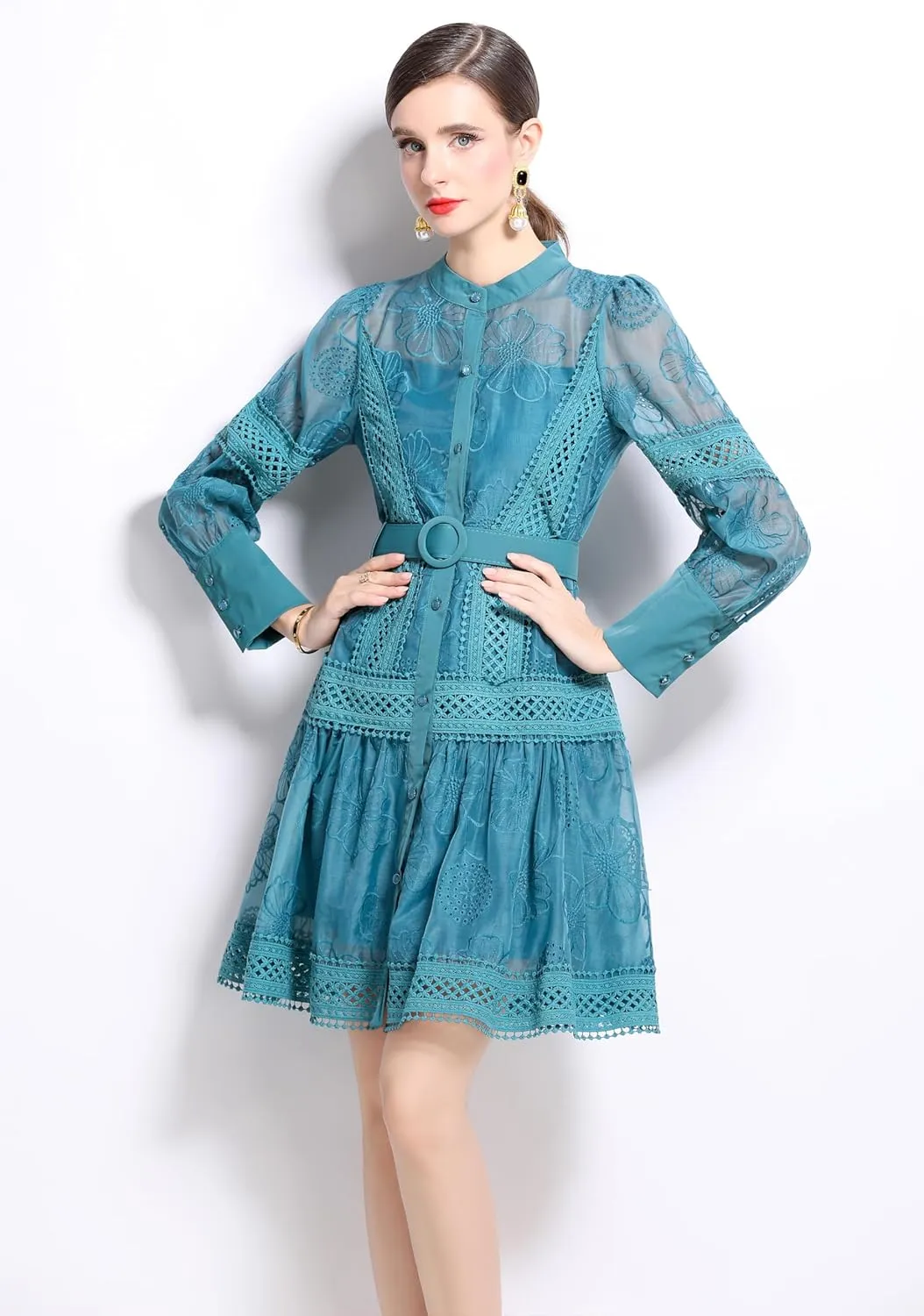 LAI MENG FIVE CATS Women's Hollow Out Floral Print Lantern Sleeve Button Up Casual Mini Dress