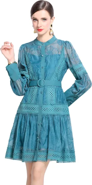 LAI MENG FIVE CATS Women's Hollow Out Floral Print Lantern Sleeve Button Up Casual Mini Dress