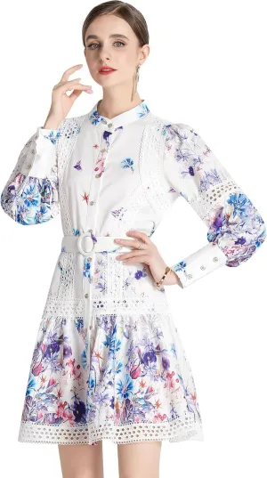 LAI MENG FIVE CATS Women's Hollow Out Floral Print Lantern Sleeve Button Up Casual Mini Dress