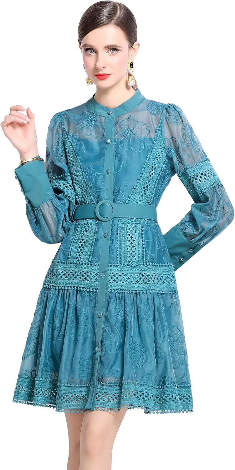LAI MENG FIVE CATS Women's Hollow Out Floral Print Lantern Sleeve Button Up Casual Mini Dress