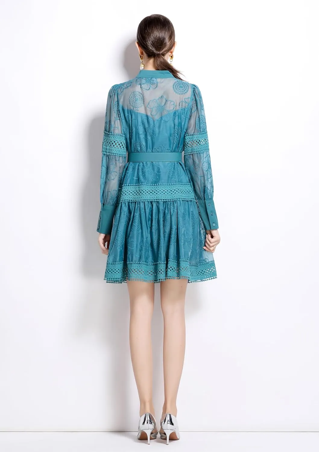 LAI MENG FIVE CATS Women's Hollow Out Floral Print Lantern Sleeve Button Up Casual Mini Dress