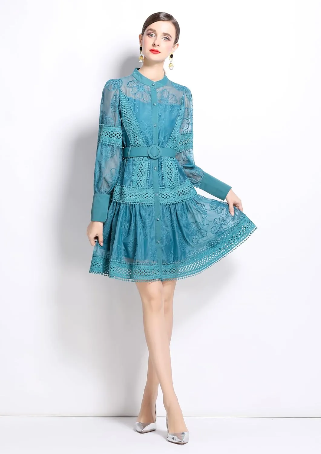 LAI MENG FIVE CATS Women's Hollow Out Floral Print Lantern Sleeve Button Up Casual Mini Dress