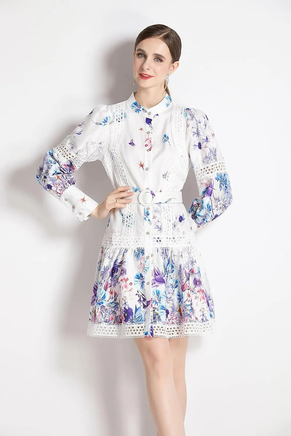 LAI MENG FIVE CATS Women's Hollow Out Floral Print Lantern Sleeve Button Up Casual Mini Dress