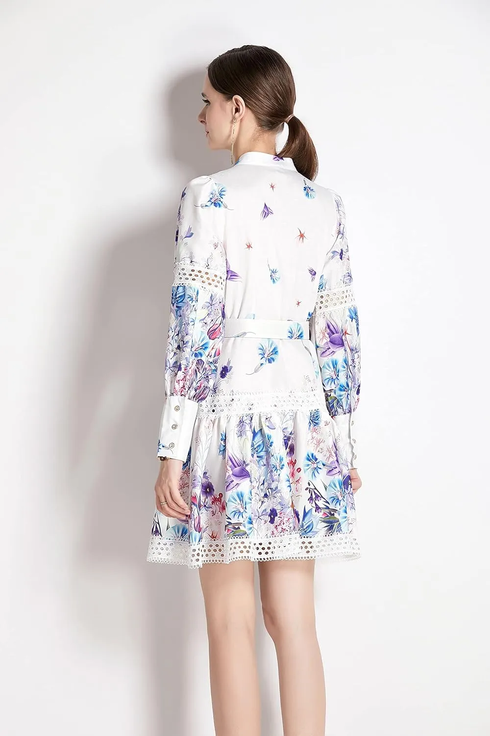 LAI MENG FIVE CATS Women's Hollow Out Floral Print Lantern Sleeve Button Up Casual Mini Dress