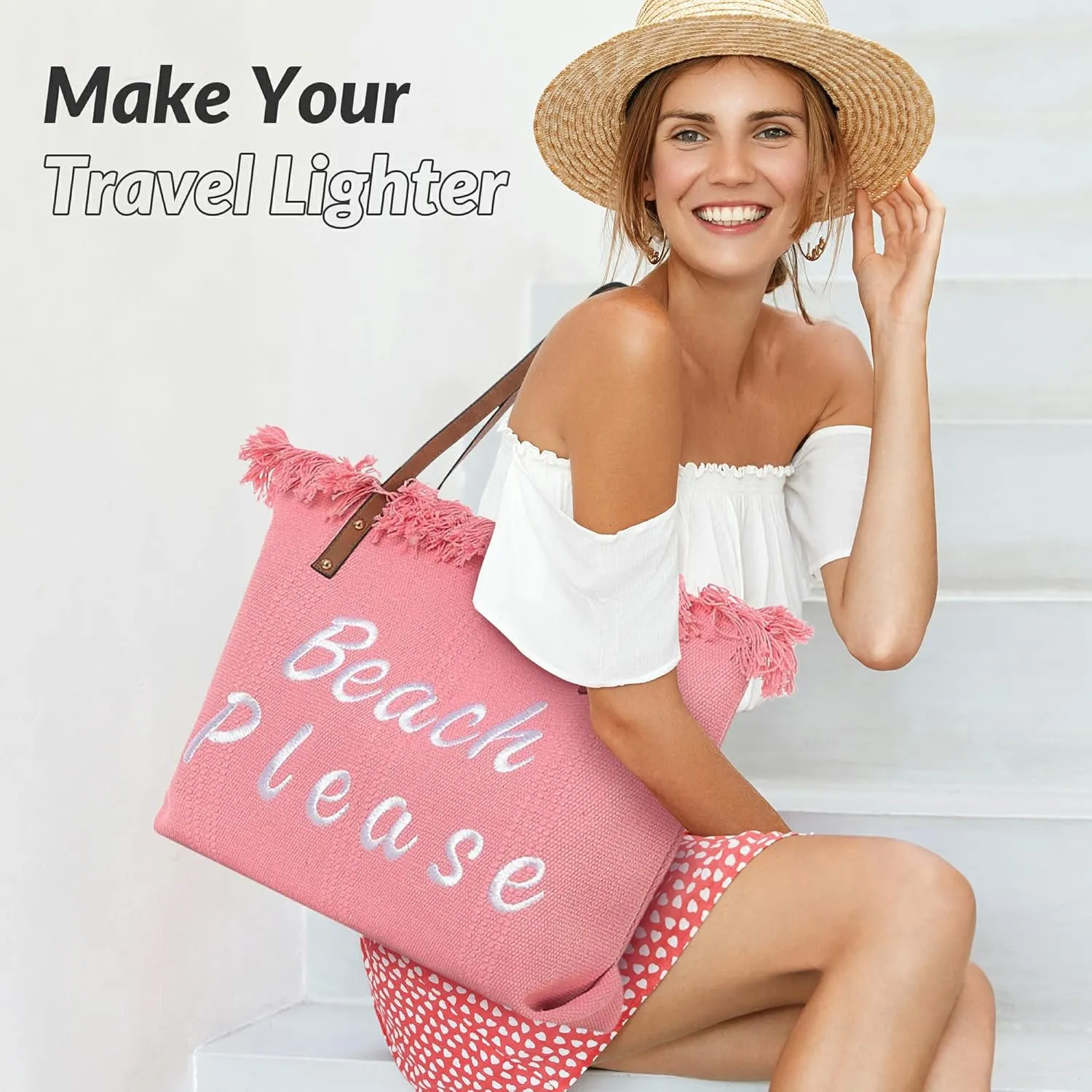 Large Canvas Beach Tote Bag with Zipper Women Swim, Travel, Shopping, Gym and Beach Holiday Cruise Essentials