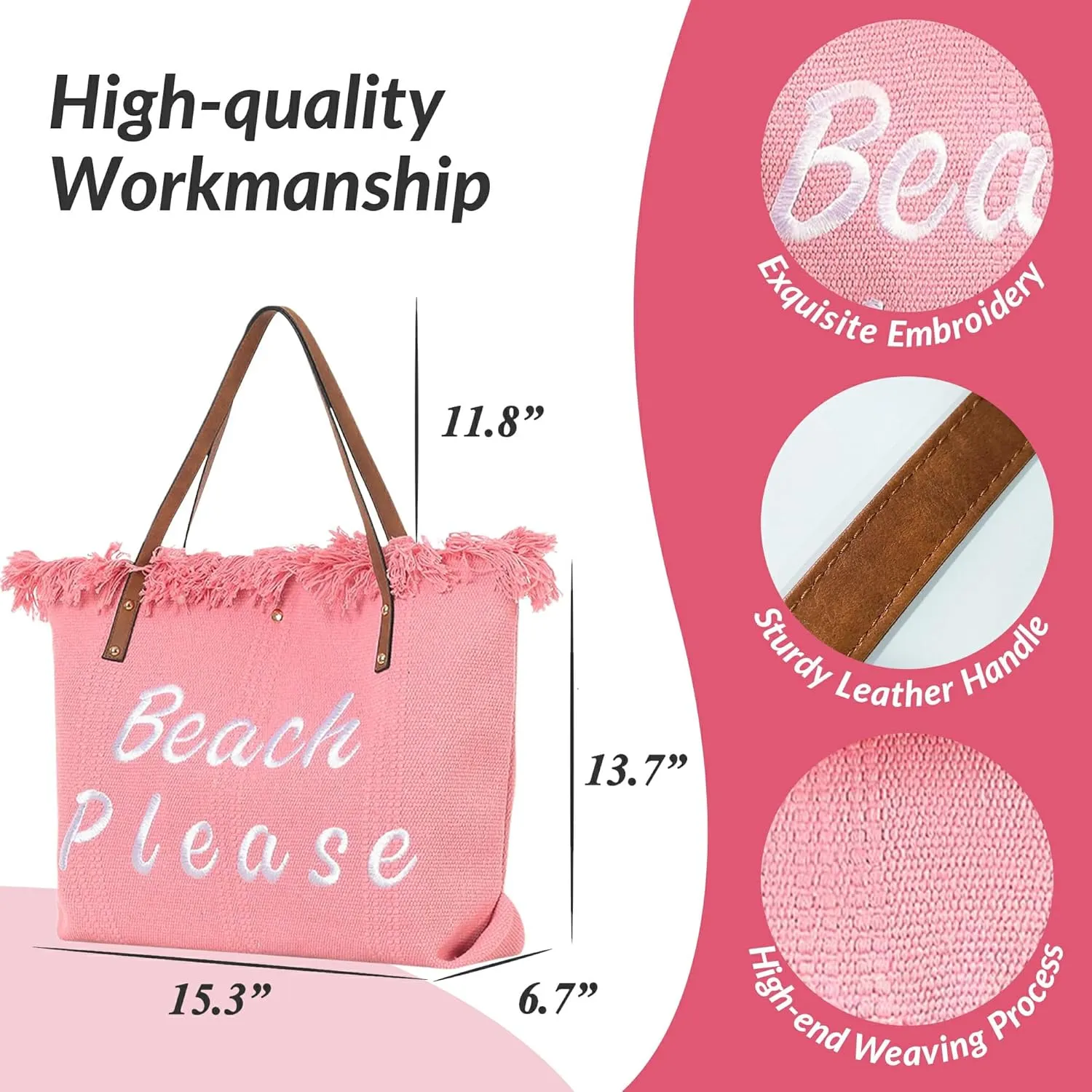 Large Canvas Beach Tote Bag with Zipper Women Swim, Travel, Shopping, Gym and Beach Holiday Cruise Essentials