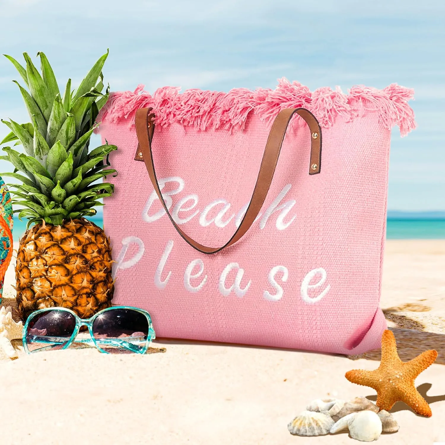 Large Canvas Beach Tote Bag with Zipper Women Swim, Travel, Shopping, Gym and Beach Holiday Cruise Essentials