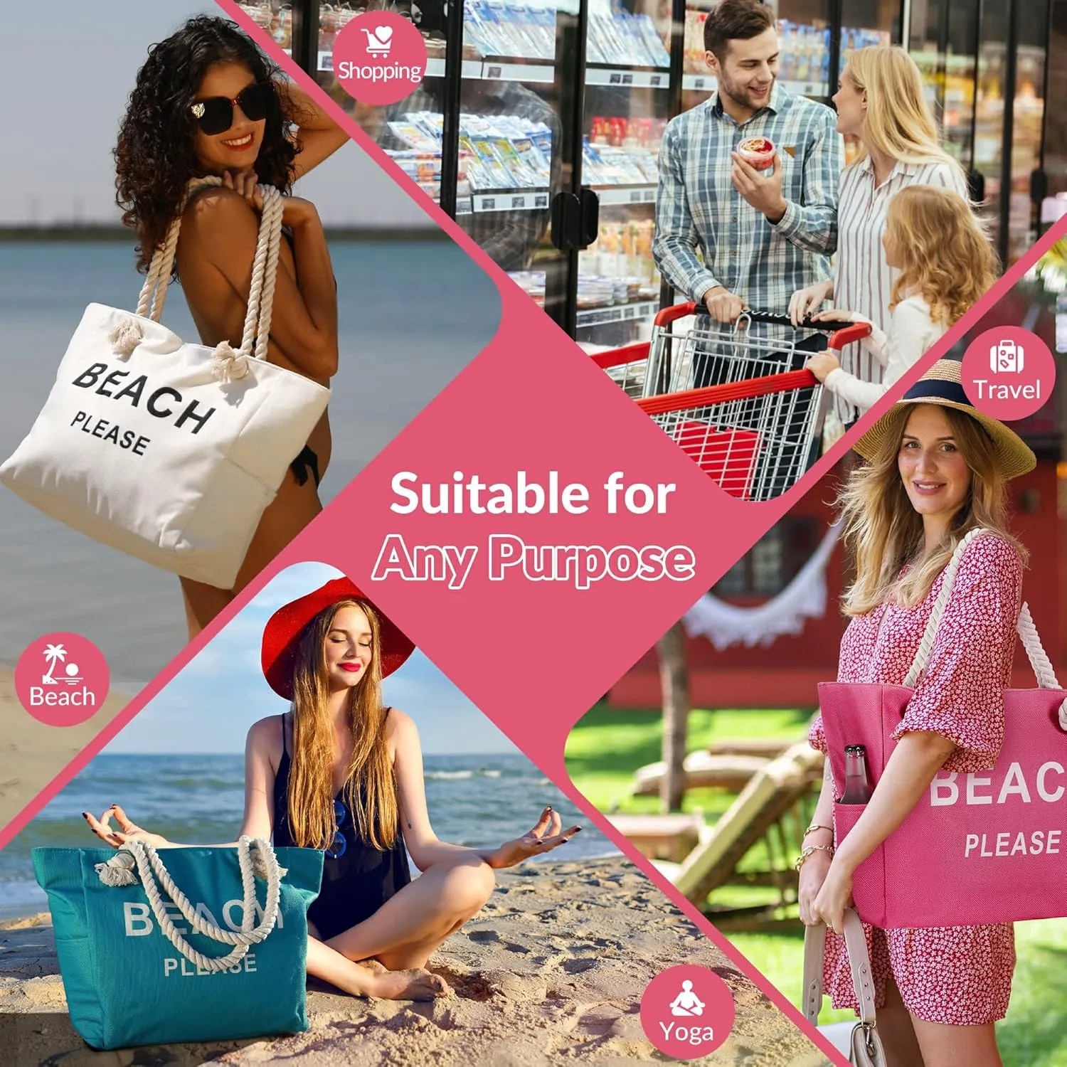 Large Canvas Beach Tote Bag with Zipper Women Swim, Travel, Shopping, Gym and Beach Holiday Cruise Essentials