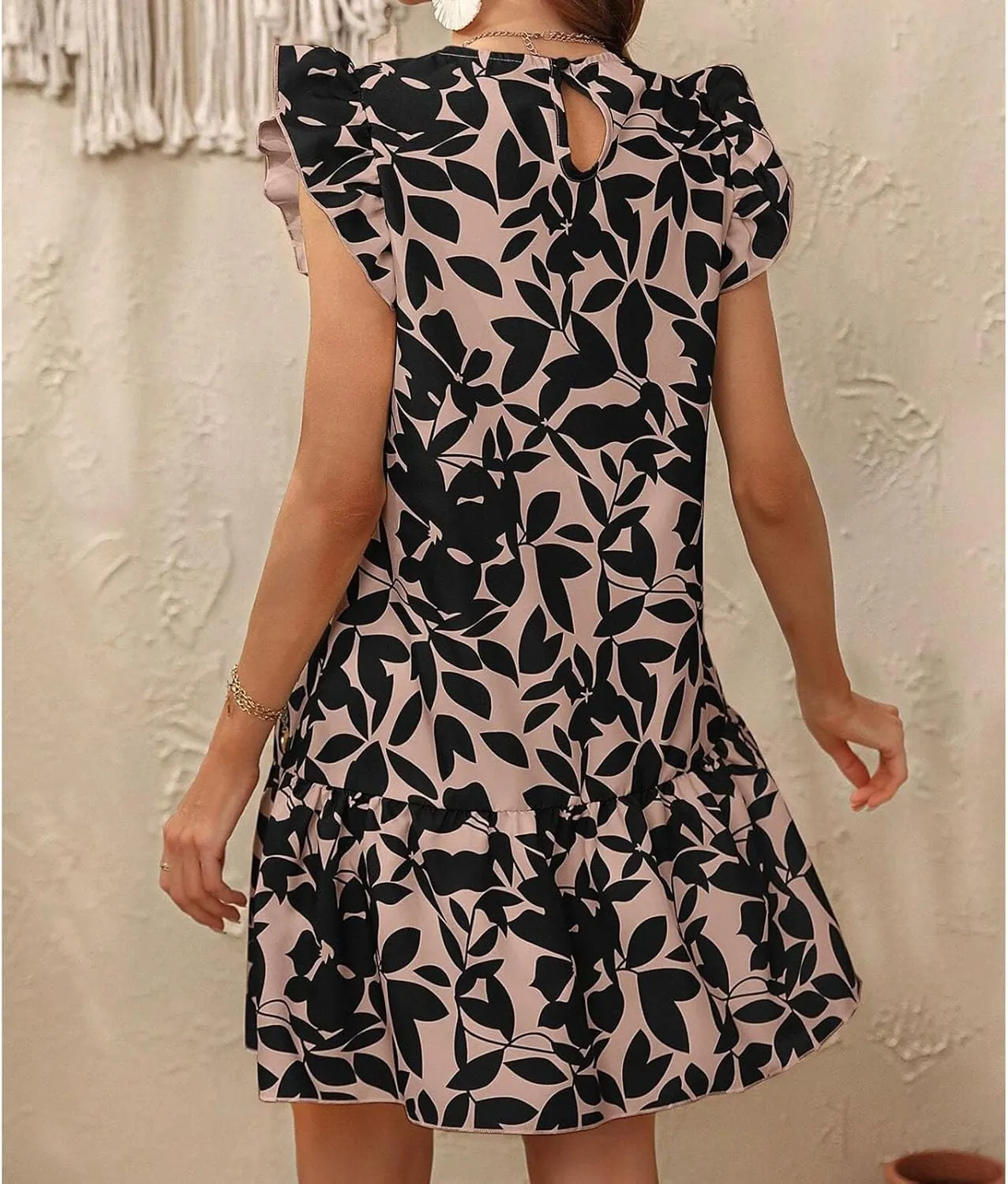 Lastesso Boho Dresses for Women 2024 Ruffle Cap Sleeve Loose Summer Sundresses Casual Crewneck Printed Beach Short Mini Dress