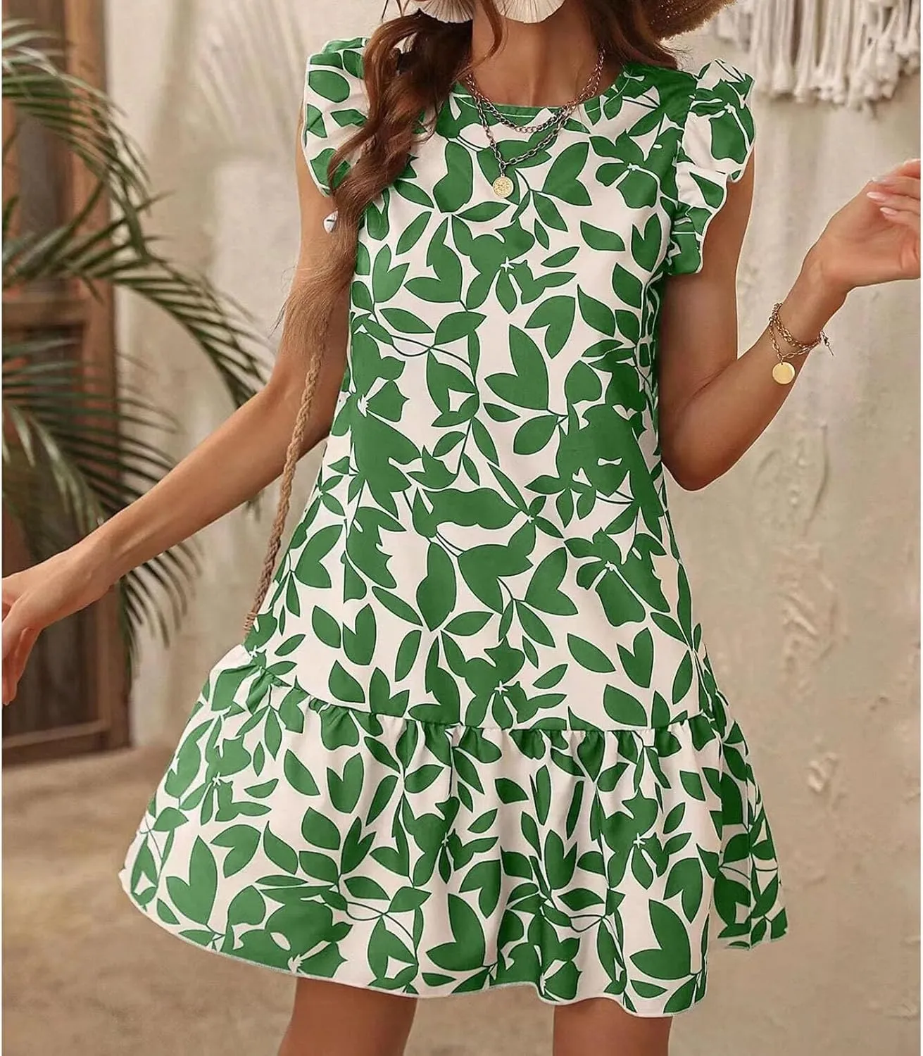 Lastesso Boho Dresses for Women 2024 Ruffle Cap Sleeve Loose Summer Sundresses Casual Crewneck Printed Beach Short Mini Dress