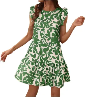 Lastesso Boho Dresses for Women 2024 Ruffle Cap Sleeve Loose Summer Sundresses Casual Crewneck Printed Beach Short Mini Dress