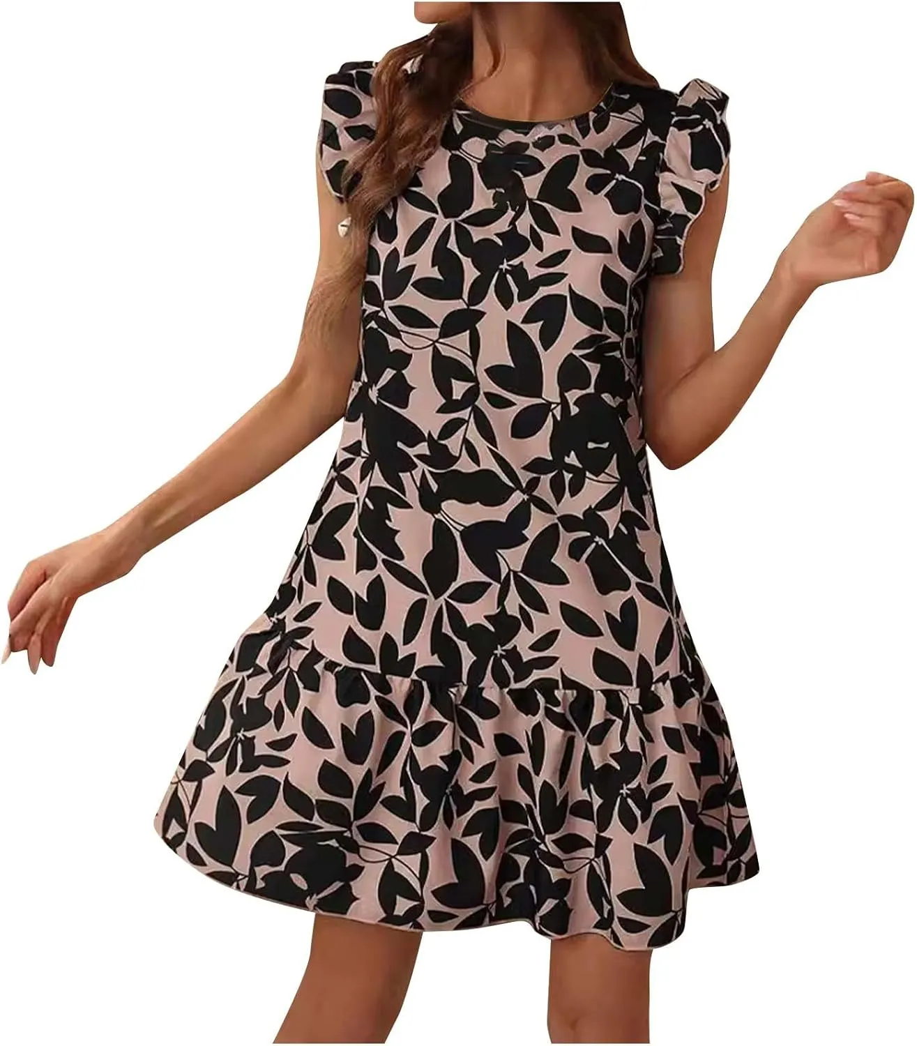 Lastesso Boho Dresses for Women 2024 Ruffle Cap Sleeve Loose Summer Sundresses Casual Crewneck Printed Beach Short Mini Dress