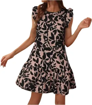 Lastesso Boho Dresses for Women 2024 Ruffle Cap Sleeve Loose Summer Sundresses Casual Crewneck Printed Beach Short Mini Dress
