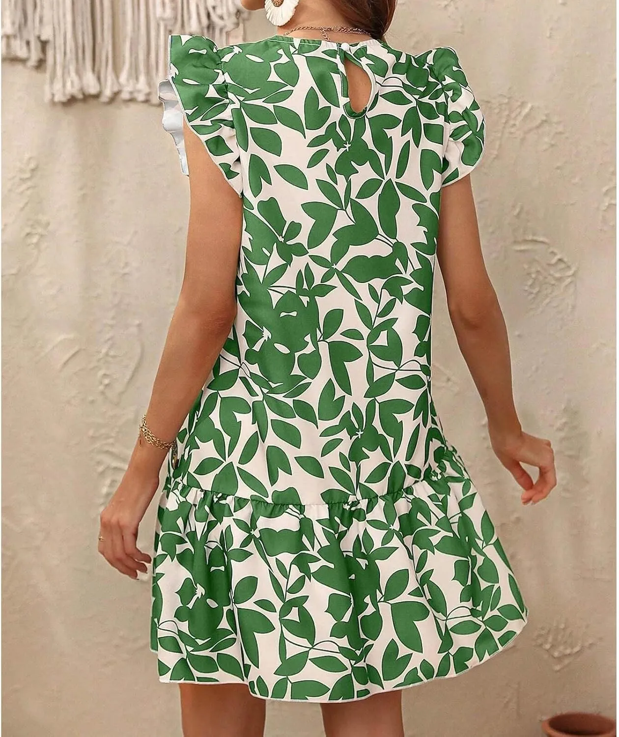 Lastesso Boho Dresses for Women 2024 Ruffle Cap Sleeve Loose Summer Sundresses Casual Crewneck Printed Beach Short Mini Dress