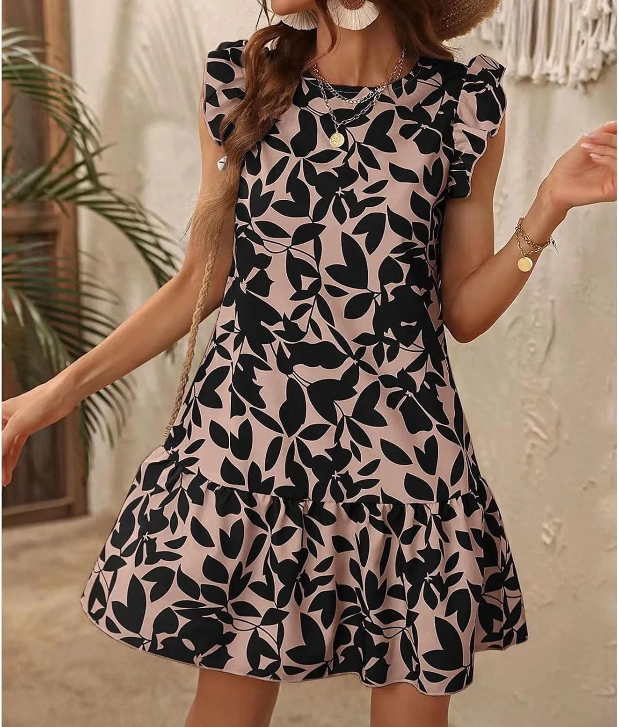 Lastesso Boho Dresses for Women 2024 Ruffle Cap Sleeve Loose Summer Sundresses Casual Crewneck Printed Beach Short Mini Dress