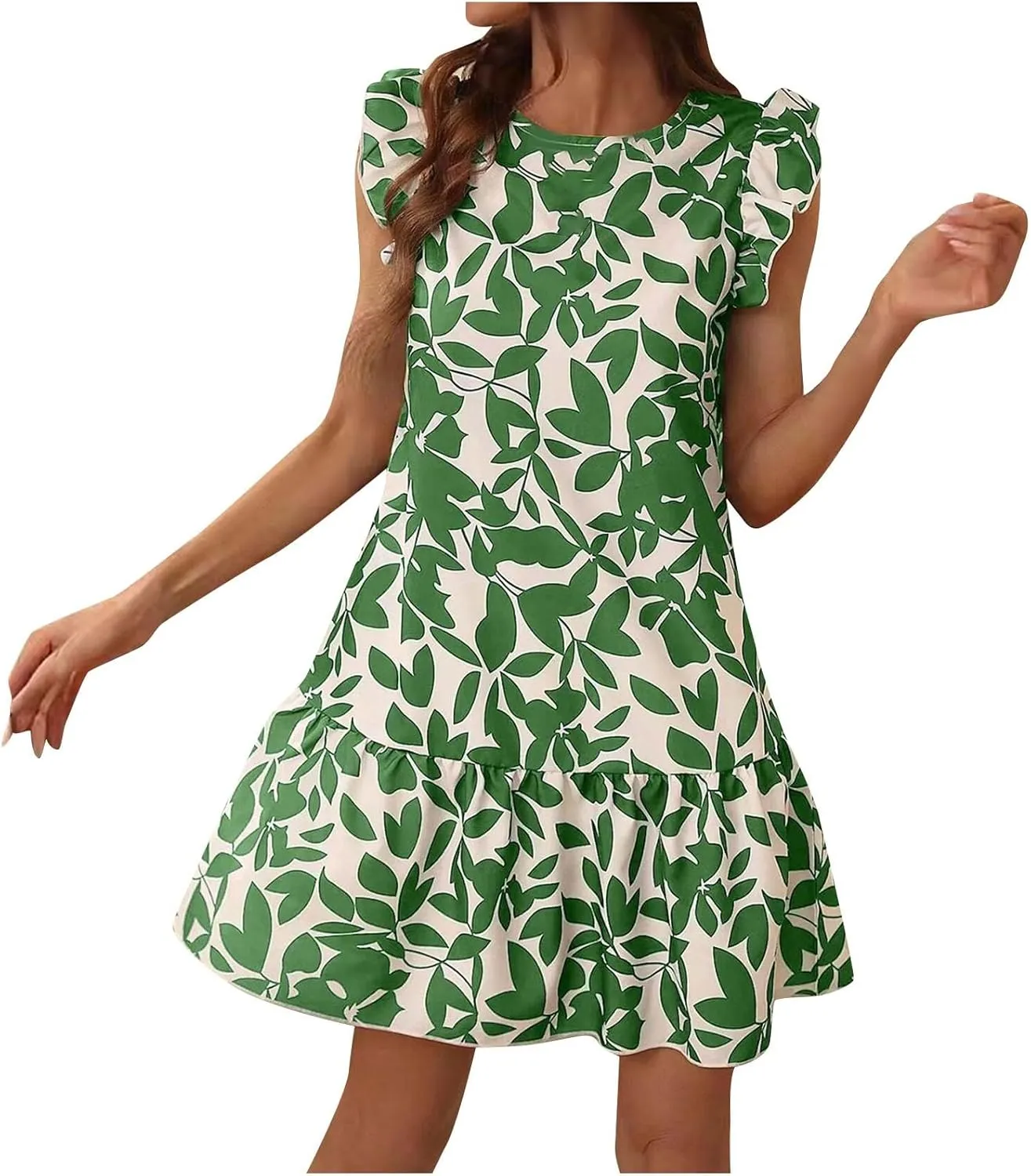 Lastesso Boho Dresses for Women 2024 Ruffle Cap Sleeve Loose Summer Sundresses Casual Crewneck Printed Beach Short Mini Dress