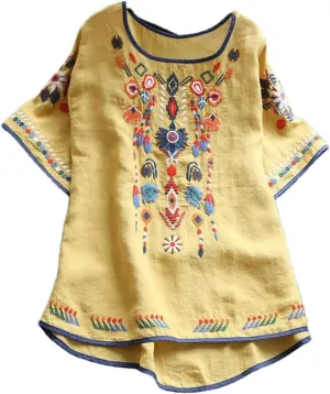 Lastesso Cotton Tops for Women Vintage Jacquard Summer Shirts Casual Linen Flwoer Tops Trendy Fashion Comfy Blouses Clothes