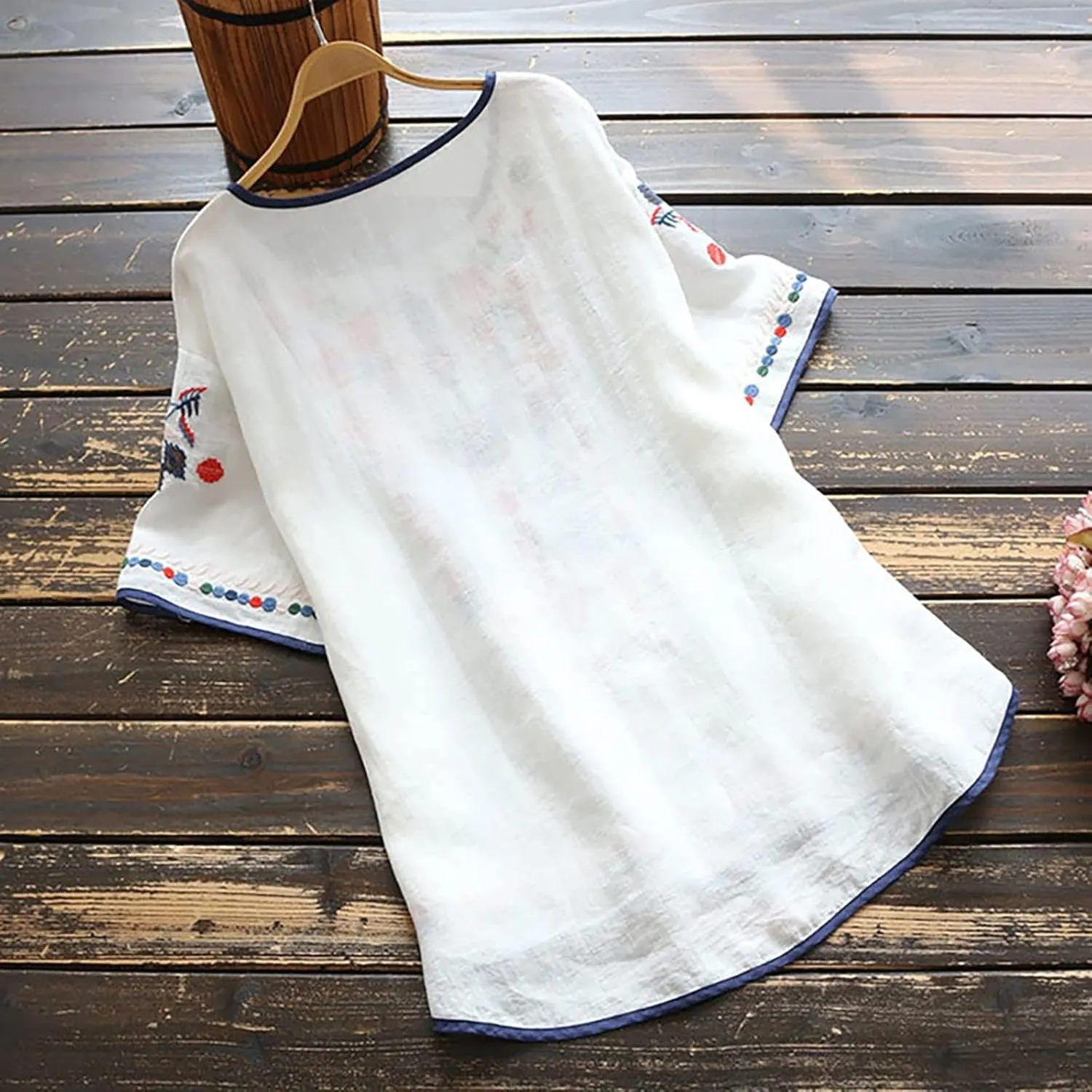 Lastesso Cotton Tops for Women Vintage Jacquard Summer Shirts Casual Linen Flwoer Tops Trendy Fashion Comfy Blouses Clothes