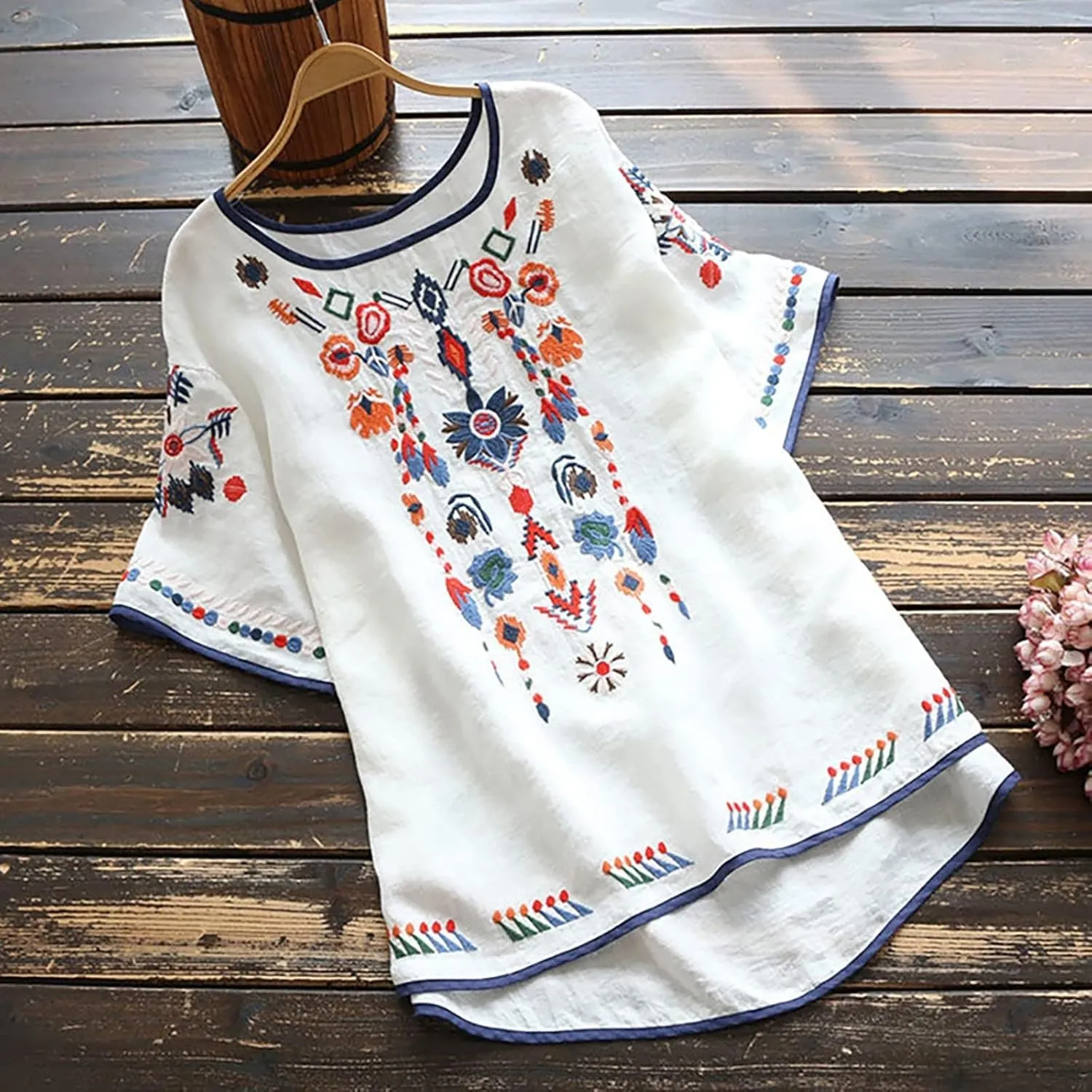 Lastesso Cotton Tops for Women Vintage Jacquard Summer Shirts Casual Linen Flwoer Tops Trendy Fashion Comfy Blouses Clothes